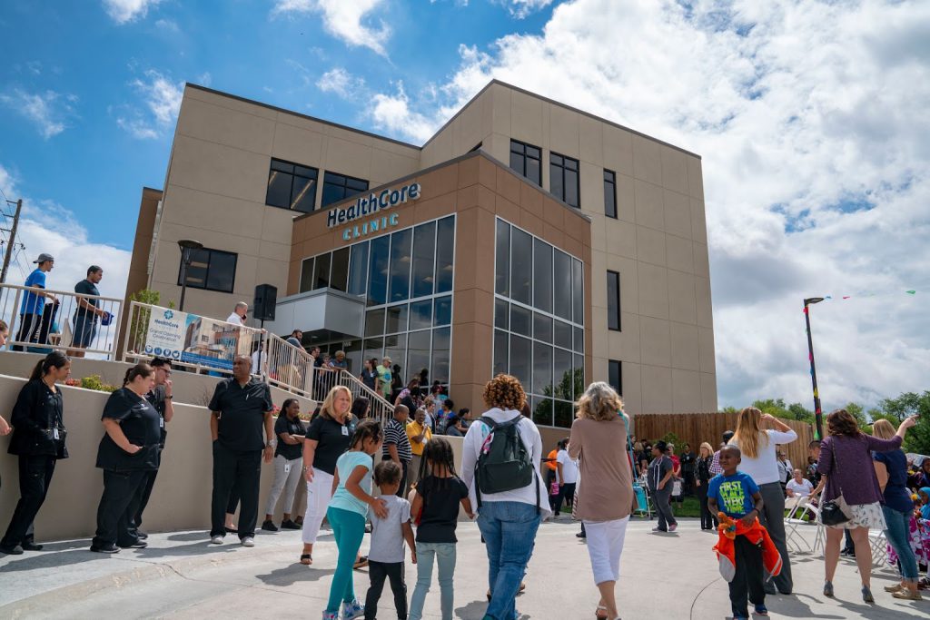 People entering HealthCore Clinic in Wichita, KS