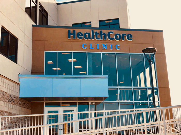 The main entrance to HealthCore Clinic in Wichita, Kansas