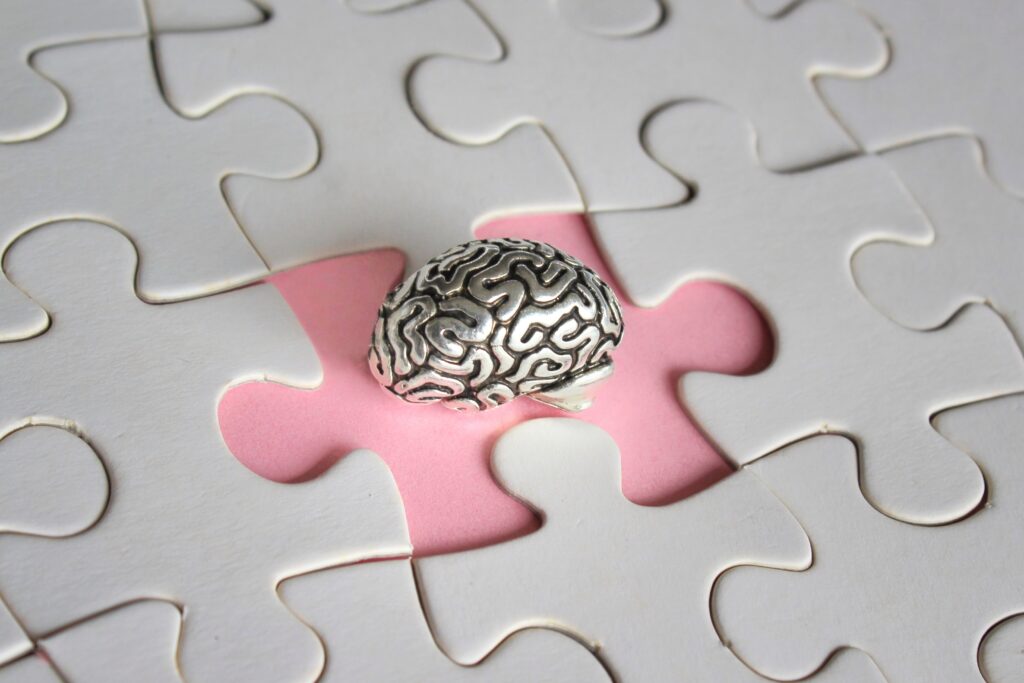 Picture of a puzzle with a piece missing where there is a small 3D brain.
